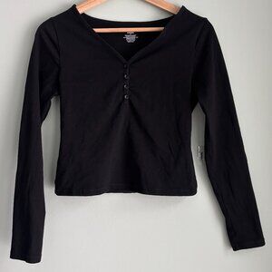 Suuksess Black Henley Long Sleeve Top_Cropped Fit_Size Medium